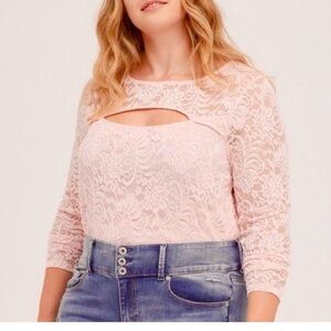 Torrid pink stretch lace cut out crew neck long sleeve size 2x
